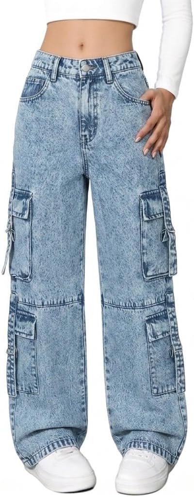 Girls Baggy Cargo Jeans, Y2K Straight Leg Denim Pants for 8-16, Elastic Waist Multi-Pocket Streetwear Trousers
