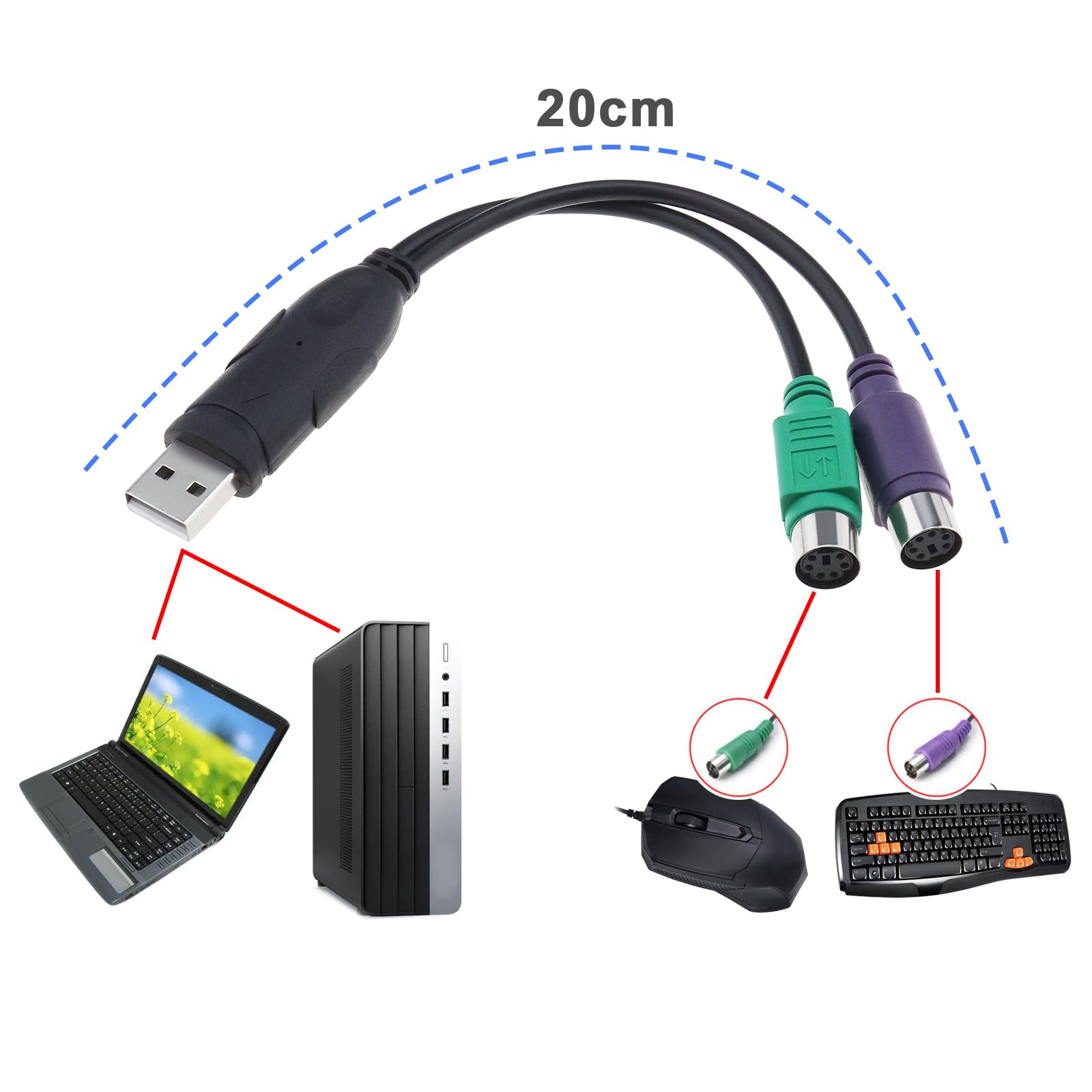 Adaptateur PS2 vers USB Lot de 2 Convertisseur Y Clavier Souris Plug and Play KVM 20 cm