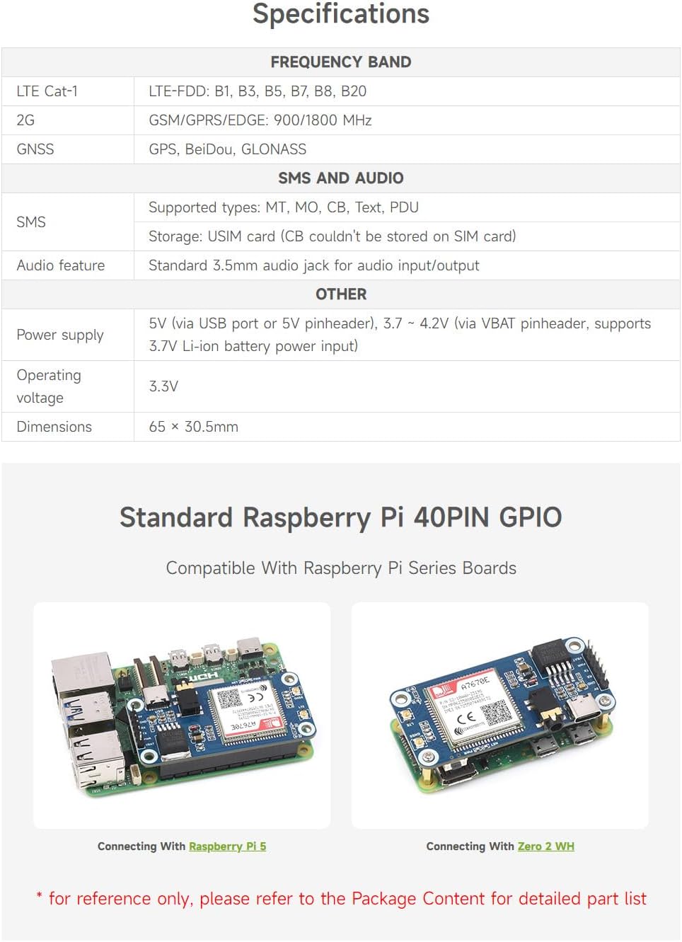 Table of specifications for the A7670E Cat-1/GNSS HAT, detailing frequency bands, SMS and audio features, power supply, operating voltage i dimenzije.