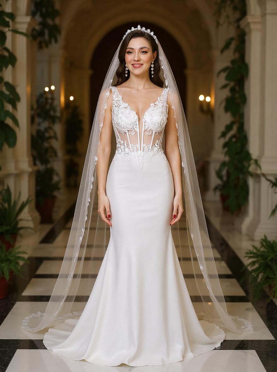 Misshow Robe de Mariée bohèmes en Dentelles Corset, Col en V Application Florale 3D sirène avec traîne