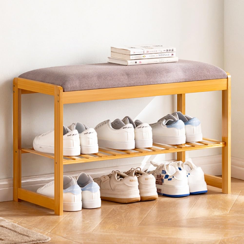 Étagère à chaussures en bambou avec banc rembourré gris pour entrée et couloir