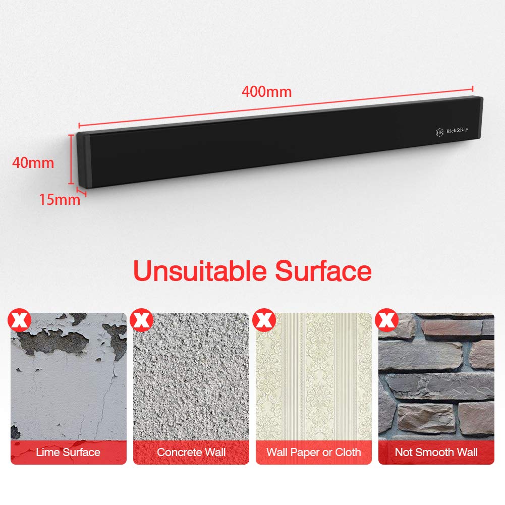 Rich&Ray New Version Magnetic Knife Holder, No Drilling Magnetic Knife Strip, Kitchen Accessories Organizer Bar or Used in Organizing Tools (Stainless Steel-15.75 inch, Black)