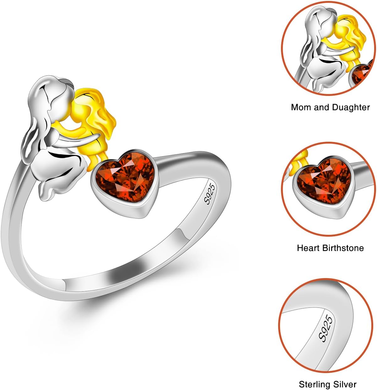 Shysnow Mother Daughter Ring with Heart Birthstone 925 Sterling Silver Mother’s Birth Stone Cubic Zirconia Open Adjustable Rings Birthday Mother's Day Jewelry for Grandmother Grandma Mom Wife
