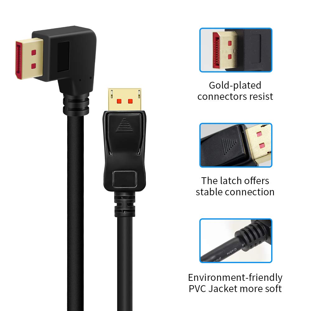 Cable adaptador Displayport 1.4 de 90 grados, cable de puerto de visualización de ángulo recto en ángulo izquierdo 8K/60Hz, 4K/144Hz 6ft/1.8m macho/macho de alta velocidad para SSUPD 4