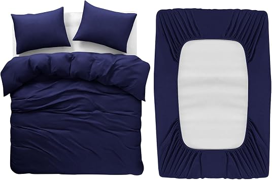 BedLooms 4 Piece King Size Bedding Set Navy Duvet Cover Sets Fitted Sheet with Pilow cases King Size Duvet Set Soft and Fade Resistant Brushed Microfiber Bedding Quilt Cover Set