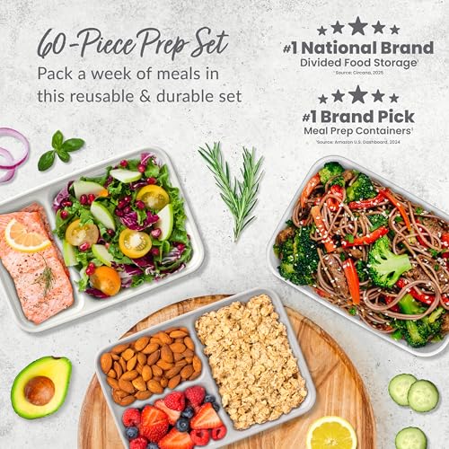 Image of Bentgo Prep 60-Piece Meal Prep Kit - Reusable PFAS & BPA-Free Food Containers, 1-Compartment, 2-Compartment, & 3-Compartments - Microwave, Freezer, & Dishwasher Safe (White Stone)