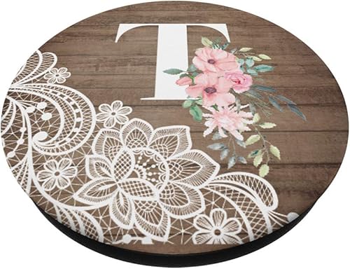 Miniatura 2 de Lace Wood Pink Flowers Monogram Name Initial Letter T - PopSockets Grip and Stand for Phones and Tablets