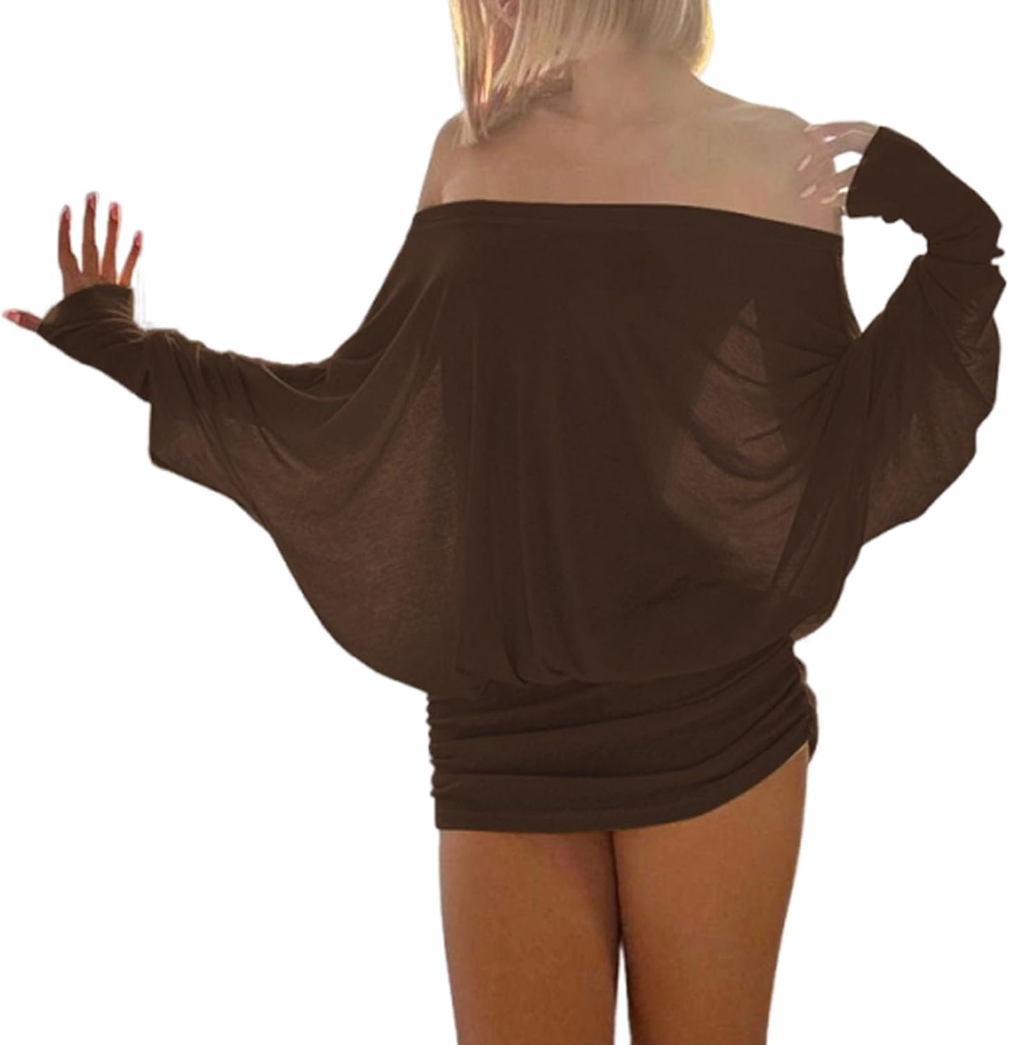 Women's Sexy Off The Shoulder Batwing Dress Loose Fit Ruched Casual Going Out Long Sleeve Night Club Mini Dress