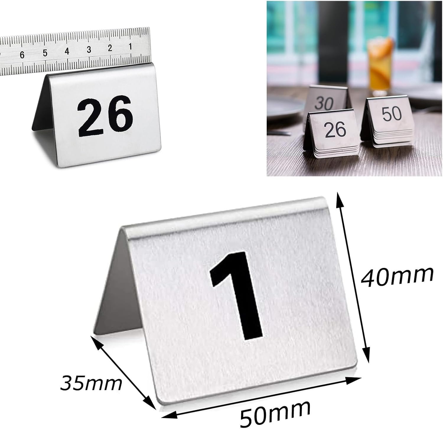 Tabletop Number, 1-50/100 Stainless Steel Table Signs, Digital Restaurant Number Plate, Double Side Seat Card, Stackable Metal Number Tags, For Banquets PartyWedding Rece,1 to 100-L:40xW:50mm