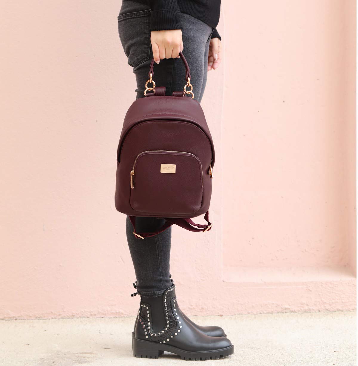 David Jones - Petit Sac à Dos Femme - Sac à Main Porté Epaule Fille Cuir PU - Mini Cartable Ville Poignée Poche Fermeture Eclair Zip - Fashion Backpack Mode Jeune Tendance Chic Designer - Rouge