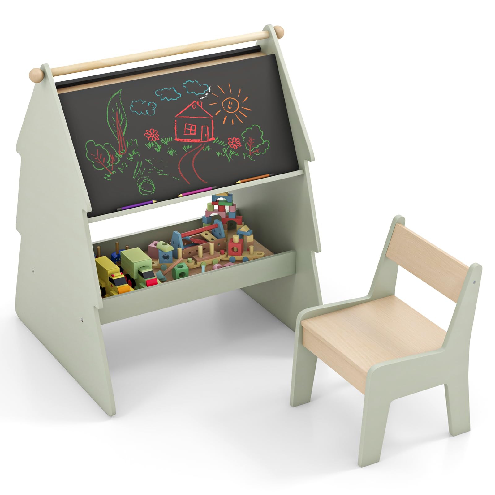 HOMASIS Pintura infantil de doble cara, Juego de caballete de arte en forma de árbol con taburete, rollo de papel, caballete y silla para niños a partir de 3 años, 68 x 60 x 80 cm