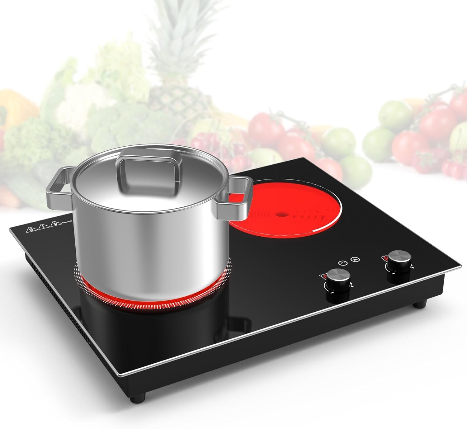 VBGK plaque vitrocéramique 2 feux, plaque de cuisson 3000 W 9 niveaux de chauffe, minuterie et sécurité enfant, commande tactile à bouton LED avec prise