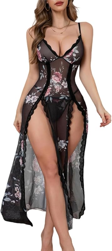 PITINAN Women Lingerie Lace Long Chemise Sexy Sheer Nightgown S-XXL | Lace Trim V Neck Babydoll Nightwear, Side Split Nightdress, Mesh See Throuh, Ideal for Sleep, Honeymoon & Date Night