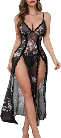 PITINAN Women Lingerie Lace Long Chemise Sexy Sheer Nightgown S-XXL