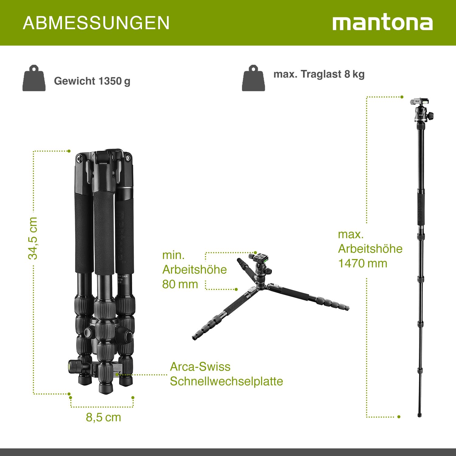 Mantona Cavalletto fotografico da viaggio DSLM Travel Evolution 2252-RA regolabile fino a 147 cm, max 8 kg, con testa a sfera, Treppiedi Stativo fotografia
