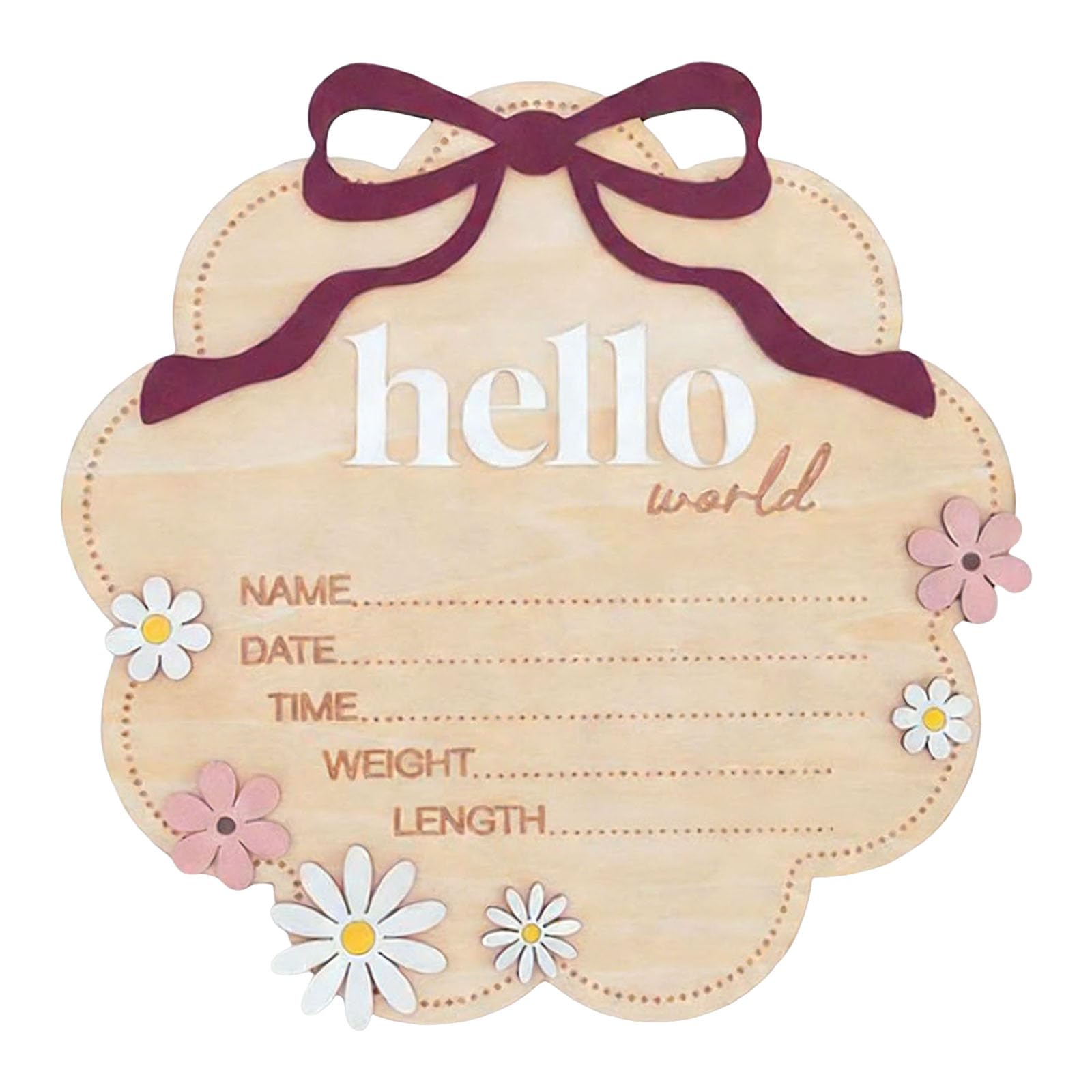 Hello World Wooden Baby Birth Announcement Sign with Pink Bow, Cloud Shape Floral Newborn Name Date Time Weight Length Board, Newborn Girls Boys Photo Prop (Purple)