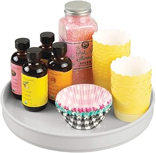 mDesign Rangement à épices Rotatif – Plateau de Rangement en Plastique et Acier Inoxydable pour épices, conserves, etc. – Rangement de Cuisine Rond pour pour Buffet ou Placard – Gris Clair