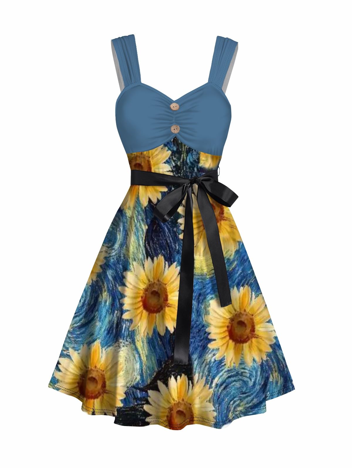 DRESSFO Passendes Hawaii-Outfit für Paare, Sonnenblumen-Druck, Hemd oder Mock-Knopf, Tankgürtel, Minikleid