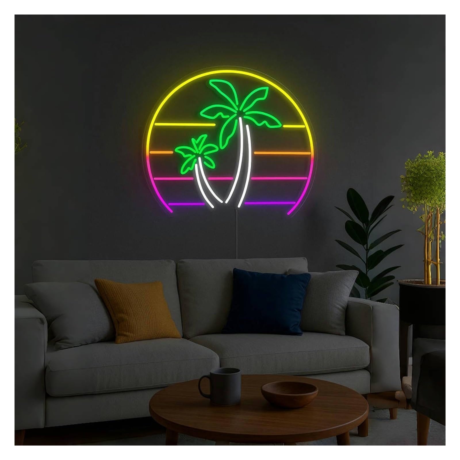 Shouxi One Color Sign Lamp Retro Palm Tree Sunset Neon Sign, Suitable For Home Wall Decor With Dimmable 51Cm