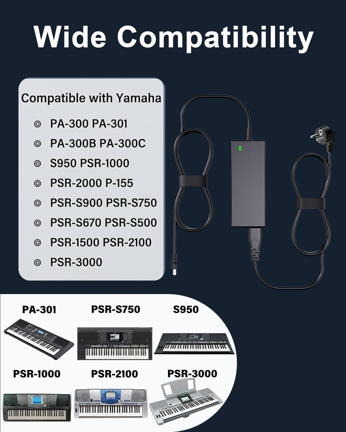 16V Caricabatterie per Yamaha PA-300 caricabatterie, per PA-301, PA-300B, PA-300C, S950, PSR-1000, PSR-1500, PSR-2000, PSR-2100, PSR-3000, PSR-S500, PSR-S900 tastiera Adattatore