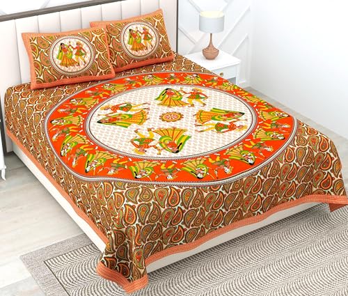 Image of RajasthaniKart Comfort Rajasthani Jaipuri Traditional Sanganeri Print 144 TC Cotton Double Bedsheet with 2 Pillow Covers - King, Round Dandiya (Orange, Double)