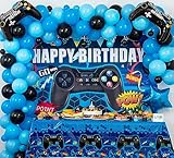 LFVIK Video Game Birthday Party Decorations&Balloons Arch Garland Kit(Blue,Black),Customized Video Game Backdrop,Table Covers and Foil Gamer Balloons for Boys Men Birthday Party