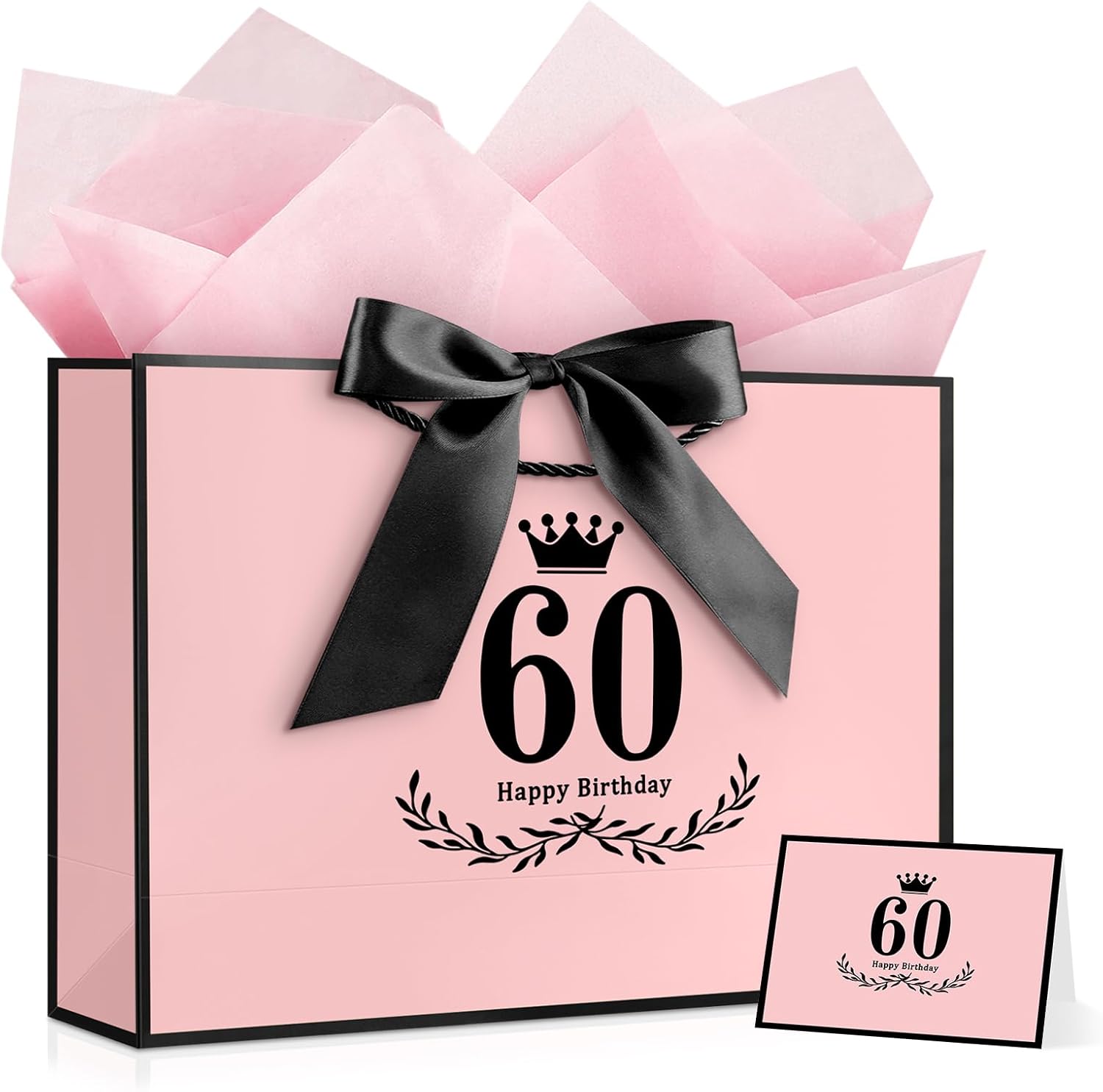 60th Birthday Bag, Pink with Bla Satin Bow & Crown Design,