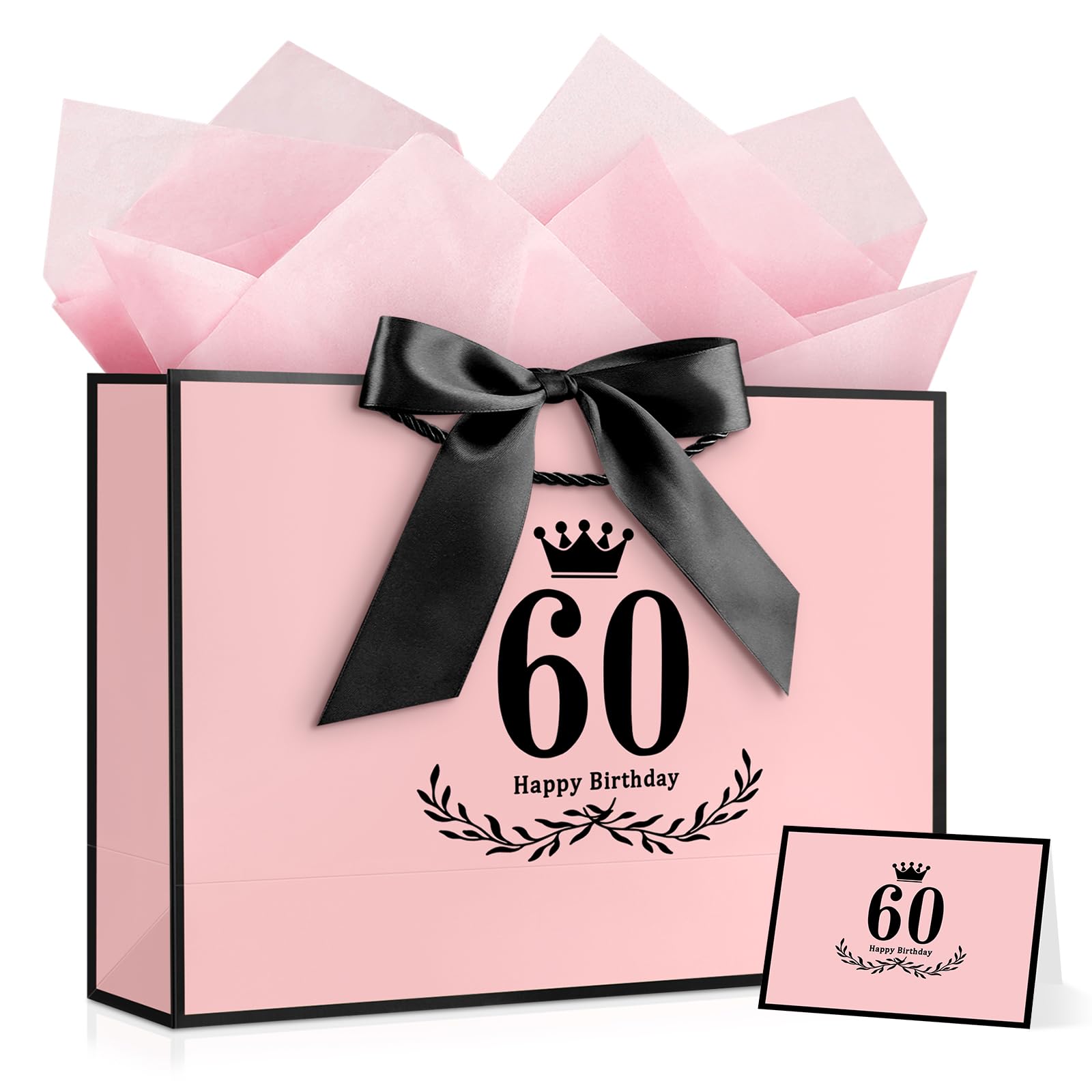 YoungTree 60th Birthday Gift Bag for Women – 12.6"x8.6"x4.3" Medium Paper Gift Bag with Handles, Includes 1 Greeting Card & 2 Tissue Papers, Pink Gift Wrapping Present Bag — image 1