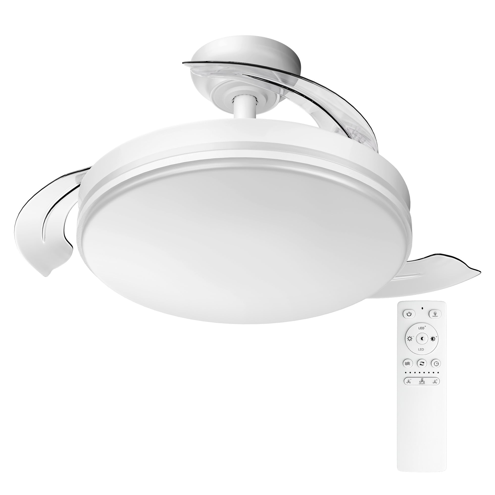 Ventilador de techo con luz led 72w con mando,temporizador, 6 velocidades, aspas retráctiles, 3 temperaturas de luz, CCT Silencioso, Intensidad Regulable (Blanco Liso)