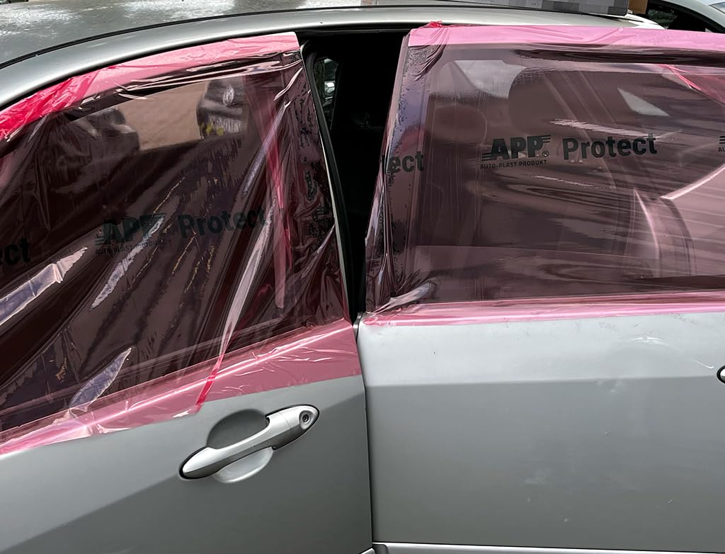 APP Protect - Film fenetre autocollant | Ruban de masquage peinture carrosserie | Parfait pour pare brise, vitre cassée | Protection eau et poussière | 1,15m x 50m | Rouge