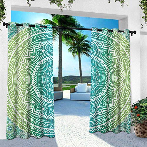 leinuoyi Teal and Lime, Outdoor Curtain Ties, Ombre Mandala Ethnic Pattern with Flower and Petals Hippie Style Art, for Gazebo W108 x L96 Inch Teal Lime and White