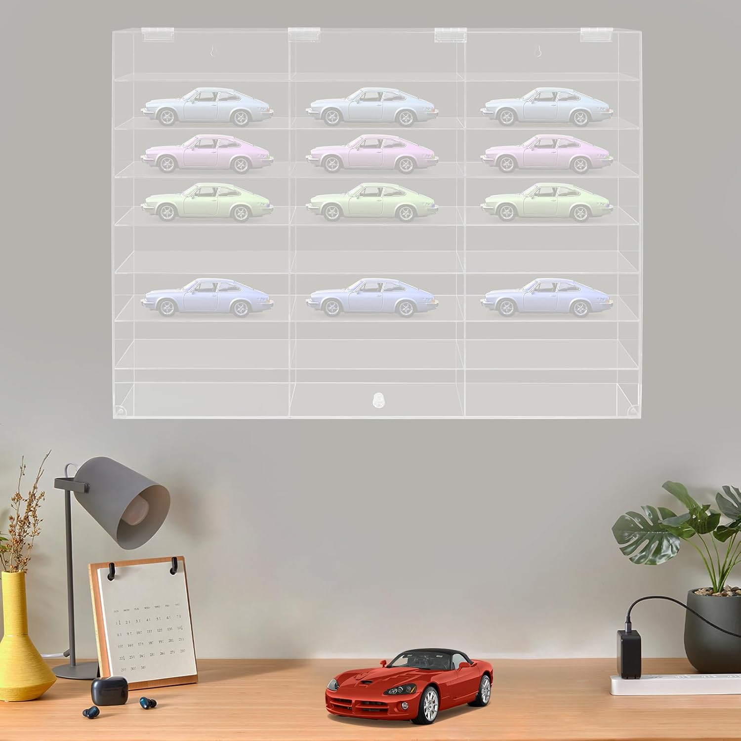 24 Grids Toy Car Display Case, 1: 24 Scale Diecast Cars Display & Storage Case, Wall Mounted Clear Acrylic Shelf with 24 Compartments and Cabinet Door for Toy Cars, Souvenirs, Collectibles