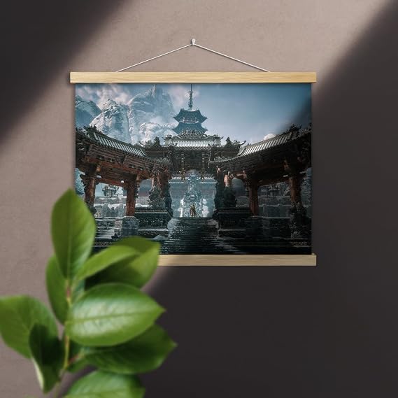 YANGJJ The Small Thunderclap Monastery Black Myth Wukon Game Scenery Canvas Poster with Wooden Scroll Frame, Monkey King Chinese Tradition Prints Wall Art (Small Thunderclap Temple, 16x12/40x30cm)