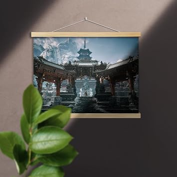 YANGJJ The Small Thunderclap Monastery Black Myth Wukon Game Scenery Canvas Poster with Wooden Scroll Frame, Monkey King Chinese Tradition Prints Wall Art (Small Thunderclap Temple, 16x12/40x30cm)