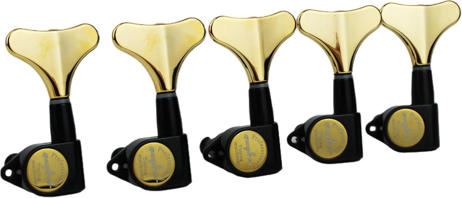 Guyker Guitar Bass Tuners (5 for Left) - 1:17 Ratio Headstock Sealed Tuning Key Pegs Machine Head Replacement for Electric Jazz Bass or Precision Instruments - Black+Gold