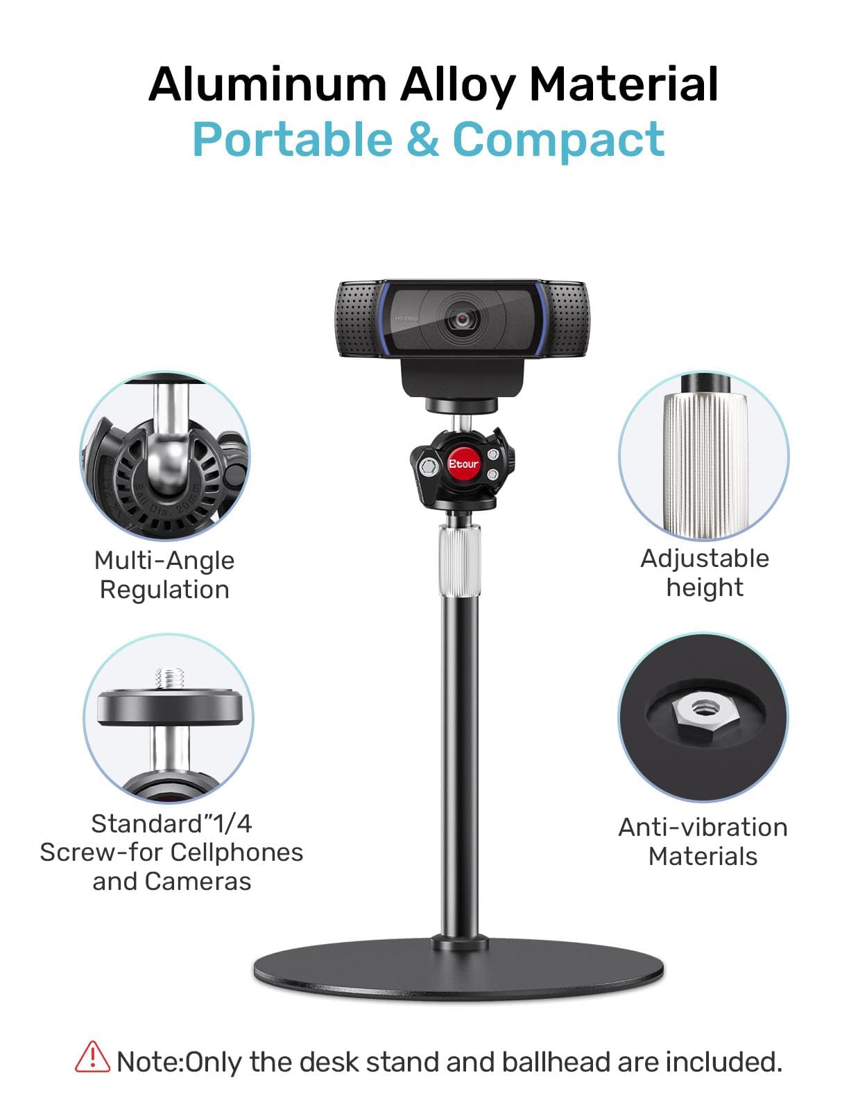 Pied de Webcam pour Bureau de Table Ajustable, pour Logitech C922 C930e C920 C615 C960 C920x BRIO 4K NexiGo N60 Téléphone GoPro, avec Filetage 1/4", pour Le Streaming en Direct