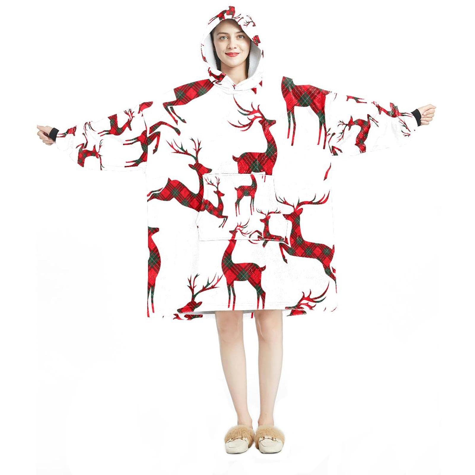 Plaid à manches motif cerf à carreaux rouge pour soirées cocooning