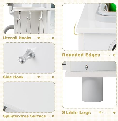 Miniatura 8 de Costzon Cocina de esquina para niños, juego de cocina de madera con circulación de agua, luces y sonidos reales, microondas, campana extractora,