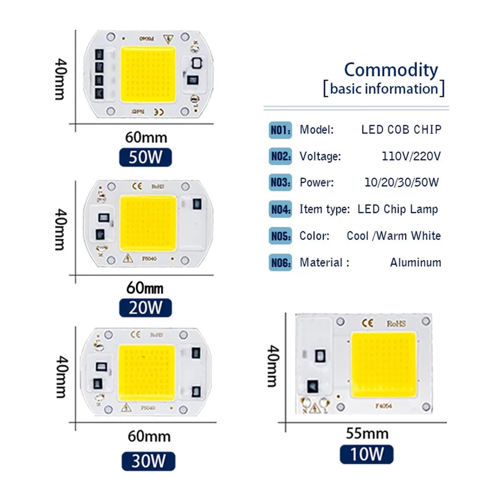 10 sztuk/partia COB Chip lampa LED AC 220V 110V nie ma potrzeby sterownika Lampada żarówka do światła halogenowego reflektor 10W 20W 30W 50W Diy oświetlenie(Led short chip 50W,220V,Warm White)