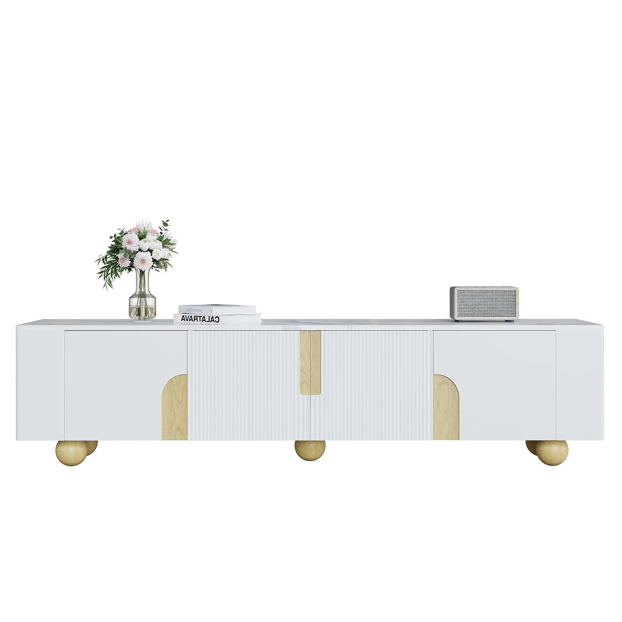 Mobile TV da 180 cm, bianco con 4 ante, design elegante, panchine per TV in superficie effetto marmo, piedini sferici in legno per soggiorno