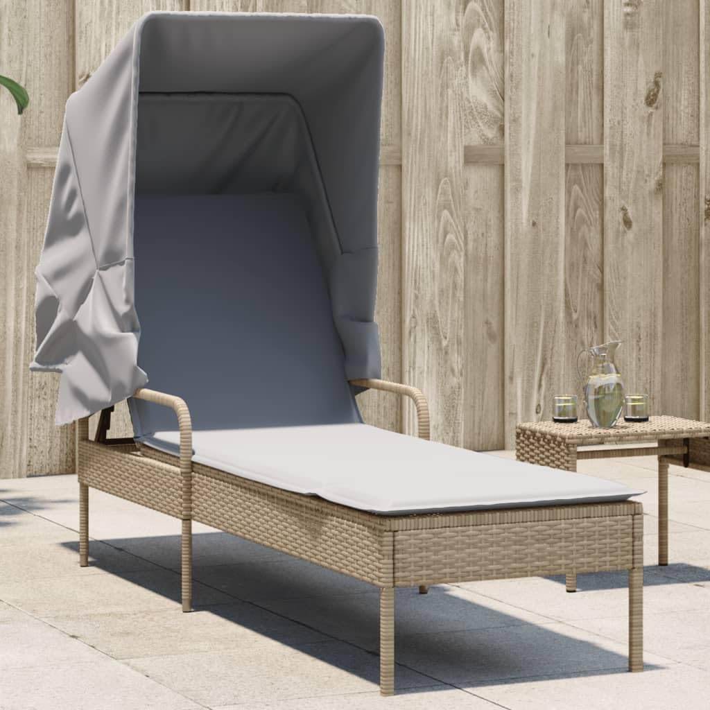 Tumbona con techo, color beige poli ratán 62 x 200 x 130 cm, respaldo ajustable, resistente a los rayos UV, incluye almohada, para jardín, terraza, piscina, silla de salón de gravedad cero al