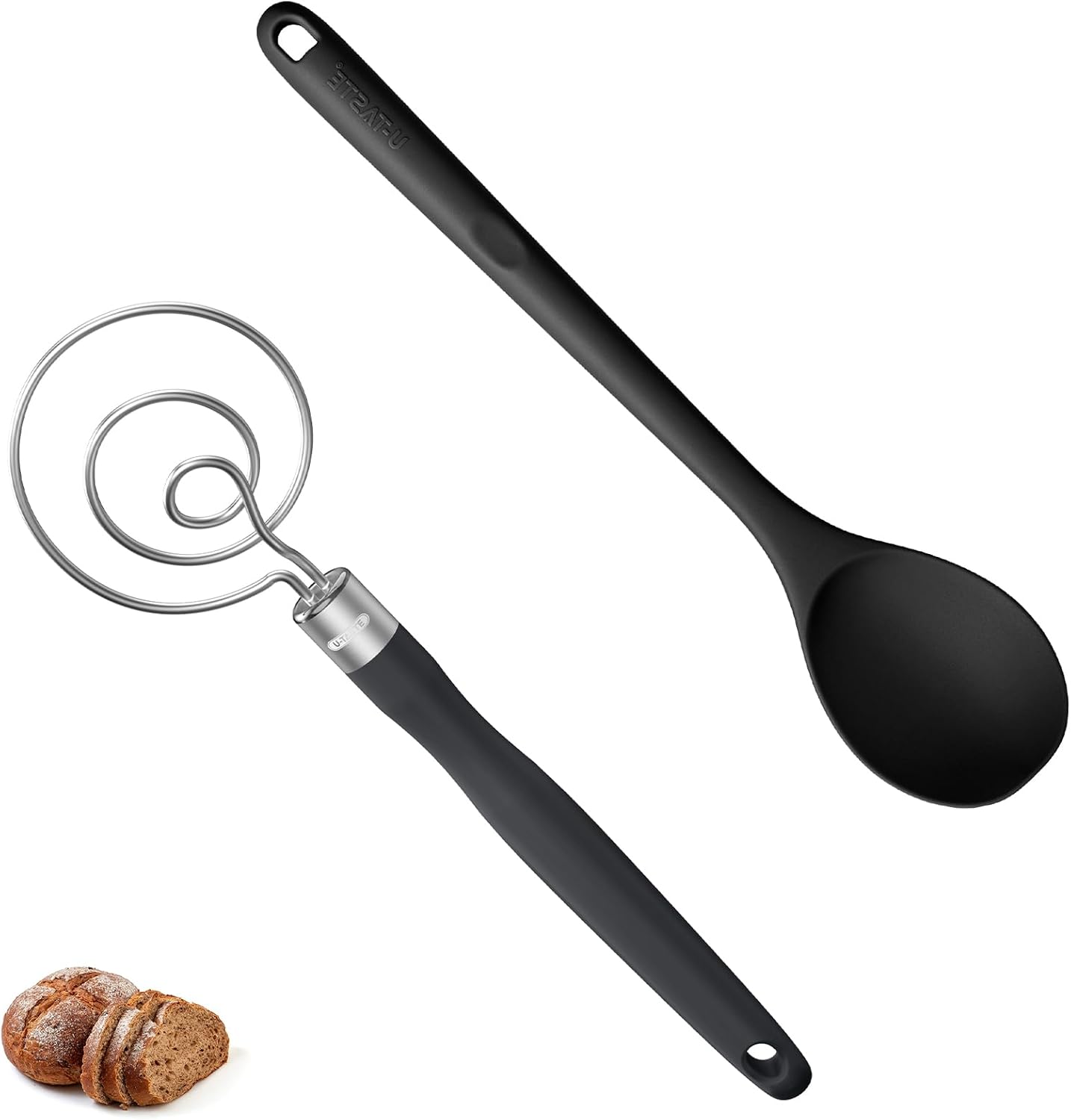 U-Taste 13.3" Solid Cooking Spoon 600ºF Heat Resistant Kitchen Mixing Spoon and 12.6in Stainless Steel Danish Dough Whisk (Black)