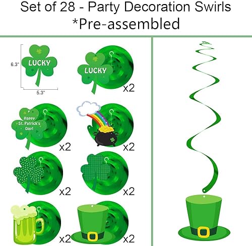 Miniatura 3 de DAZONGE Kit de decoración del día de San Patricio, remolinos colgantes, pancarta, guirnaldas de trébol para decoración del día de San Patricio,