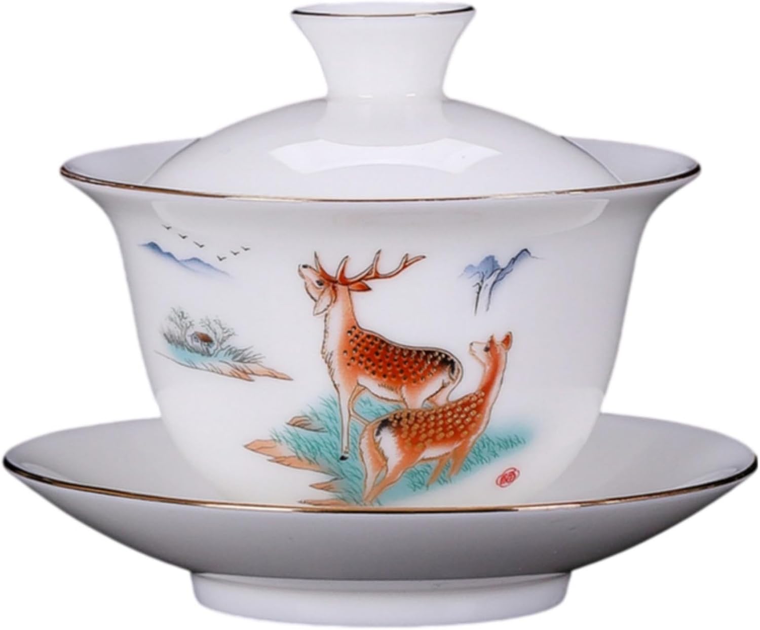 Gongfu tea sets,Portable Ceramic TeaSet,Home,Gifting,Outdoor and Office 德化羊脂玉白瓷三才盖碗 Gaiwan Teacups 单个描金