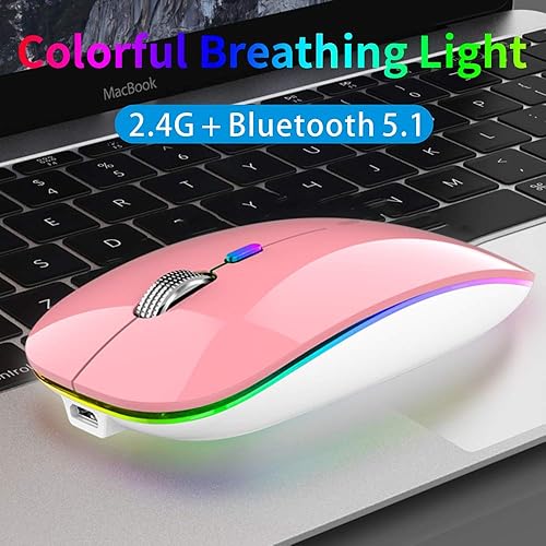 TENMOS Ratón Bluetooth inalámbrico, LED delgado (Bluetooth 5.1 + USB) 2.4 GHz recargable silencioso Bluetooth inalámbrico mouse inalámbrico con