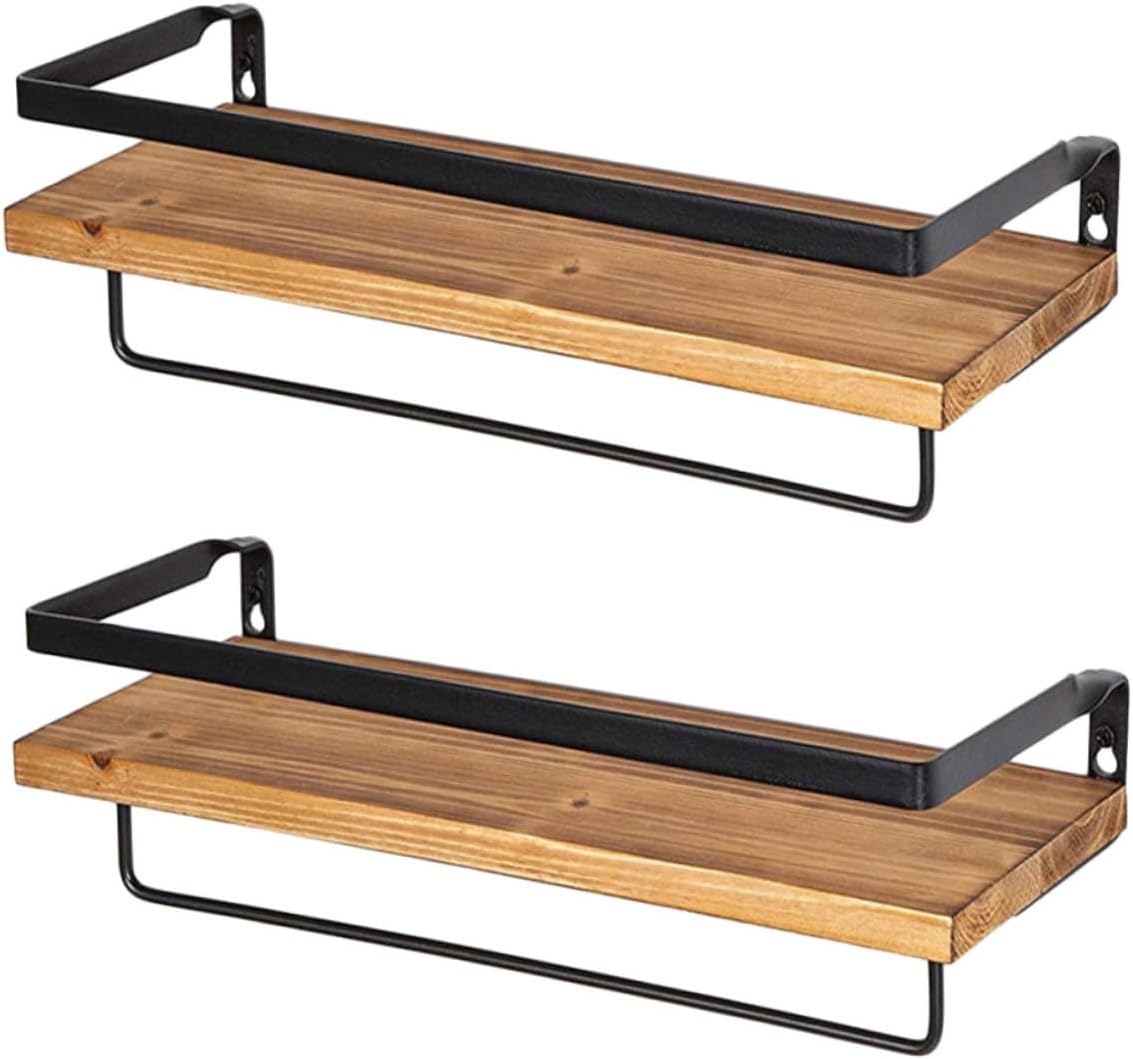 PRETYZOOM 2pcs Pine Wood Floating Wall Shelf with Hooks, Decorative Kitchen and Bathroom Storage Rack, 40x15x8cm Mounted Utility Organizer for Home