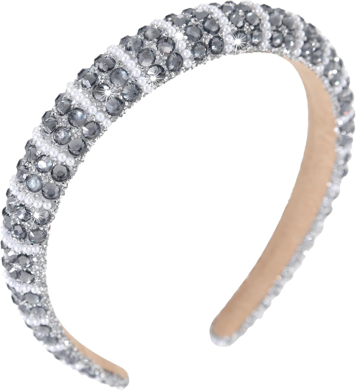 KGAIXN Diamond Rhinestone Jeweled Headbands for Women Girls Bling Sparkle Beaded Crystal Thick Padded Hairband Non Slip Glitter Hair Hoop Accessories, A-Gray