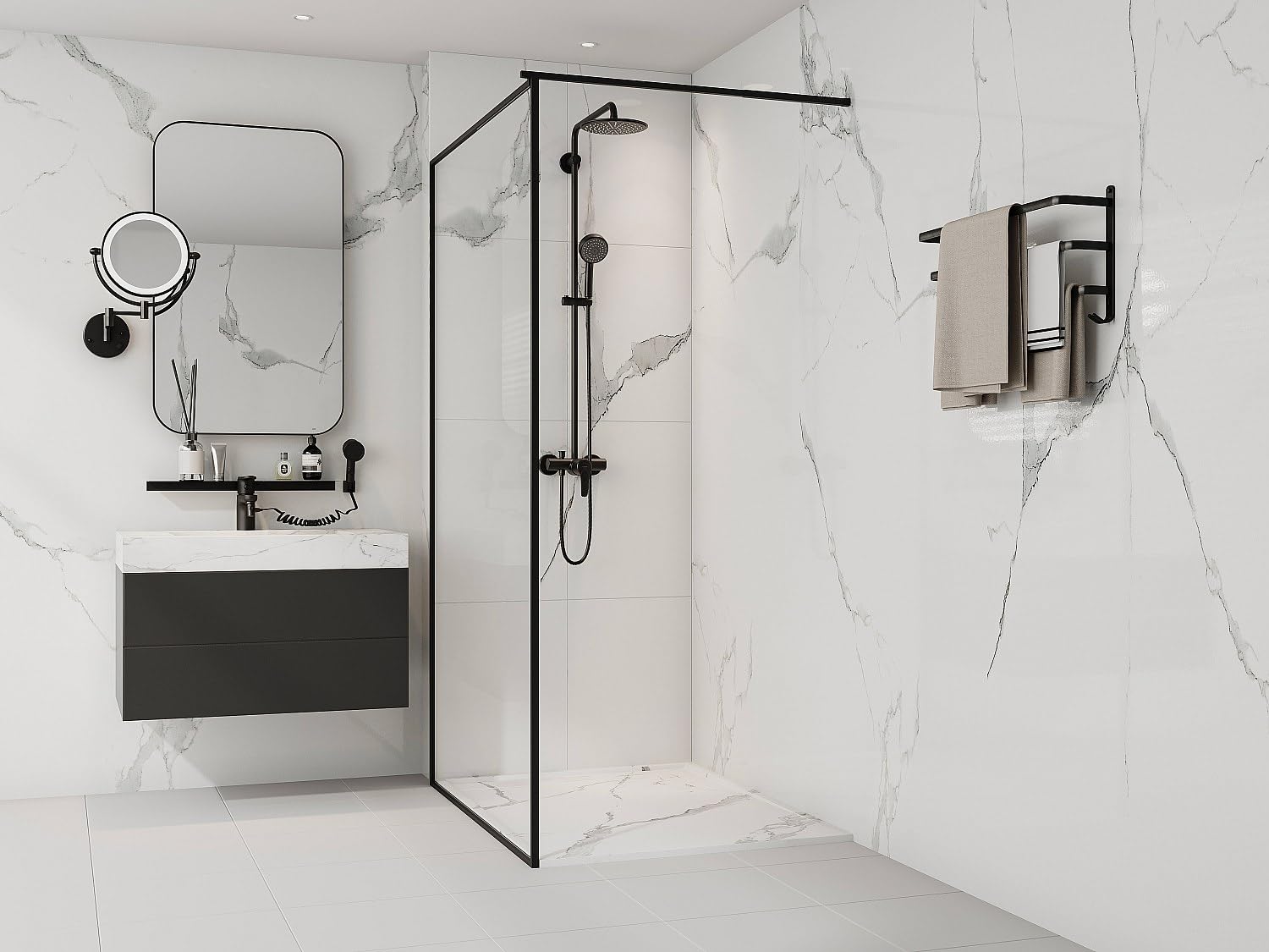Vente-unique - Receveur de douche extra plat à poser ou à encastrer recoupable en résine SMC - Blanc marbré - 120 x 90 cm - LYROSA
