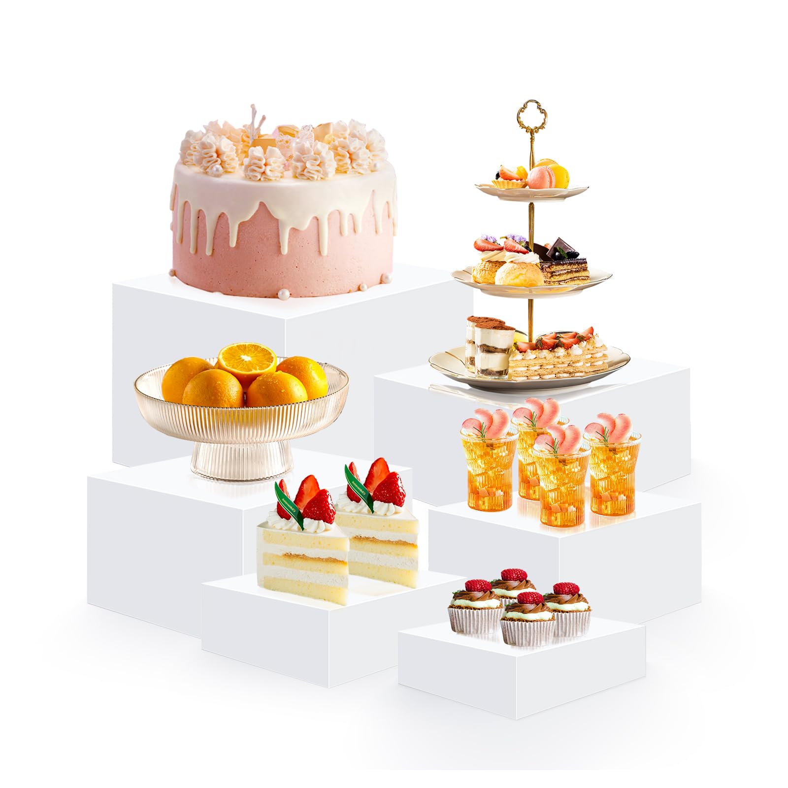 6Pcs White Buffet Risers Set (Size 5",6",7",8",9",10"),Food Risers for Buffet Table Display Stand Shelf for Party Catering Dessert Collectibles Acrylic Cube Boxes Display with Hollow Bottoms