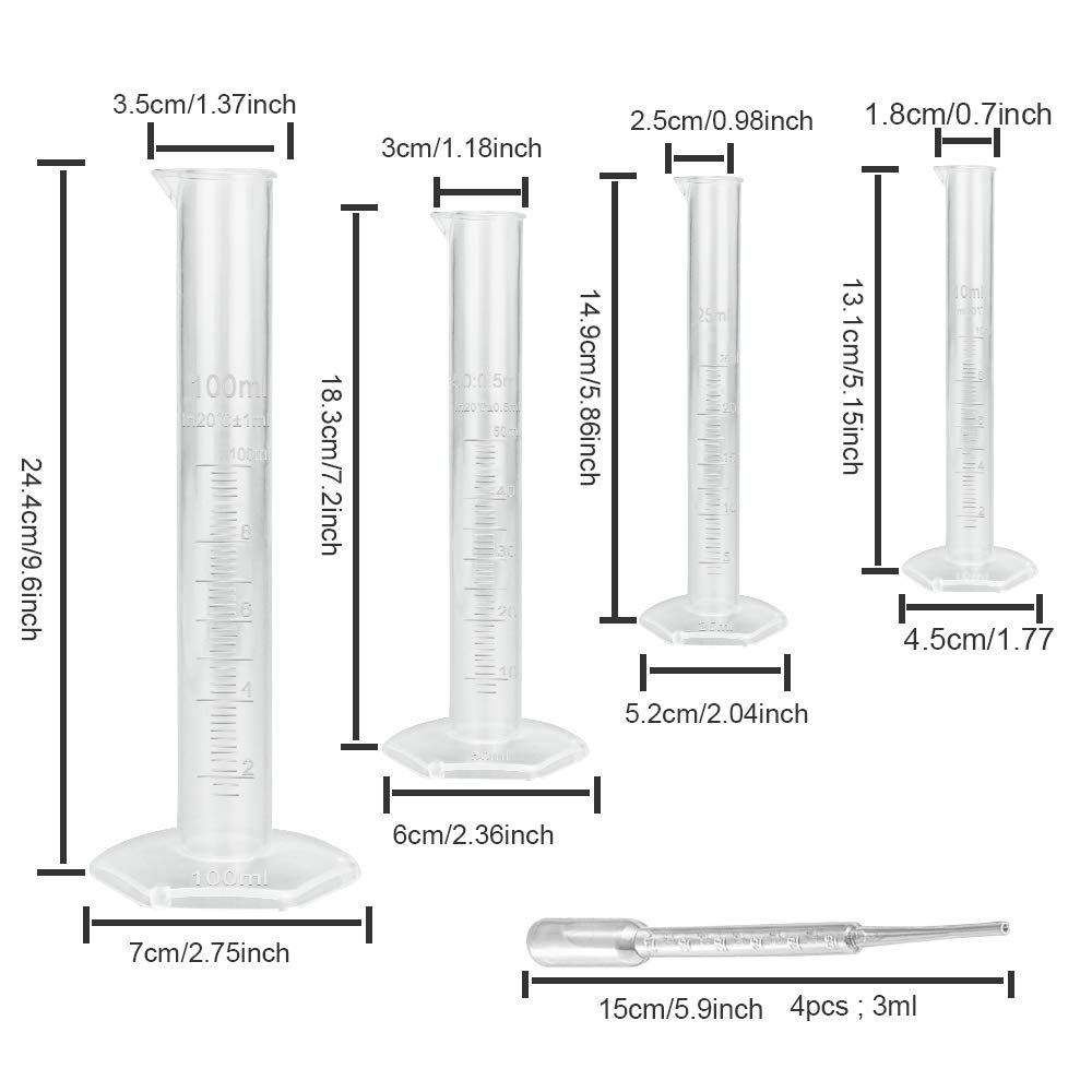 Probetas Graduadas 10ml 25ml 50ml 100ml Cilindros Graduados Plástico Laboratorio + Pipetas 3ml